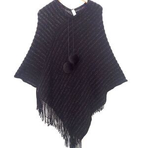 Just Be Black Knit Poncho Fringe PomPoms Metallic Thread O/S